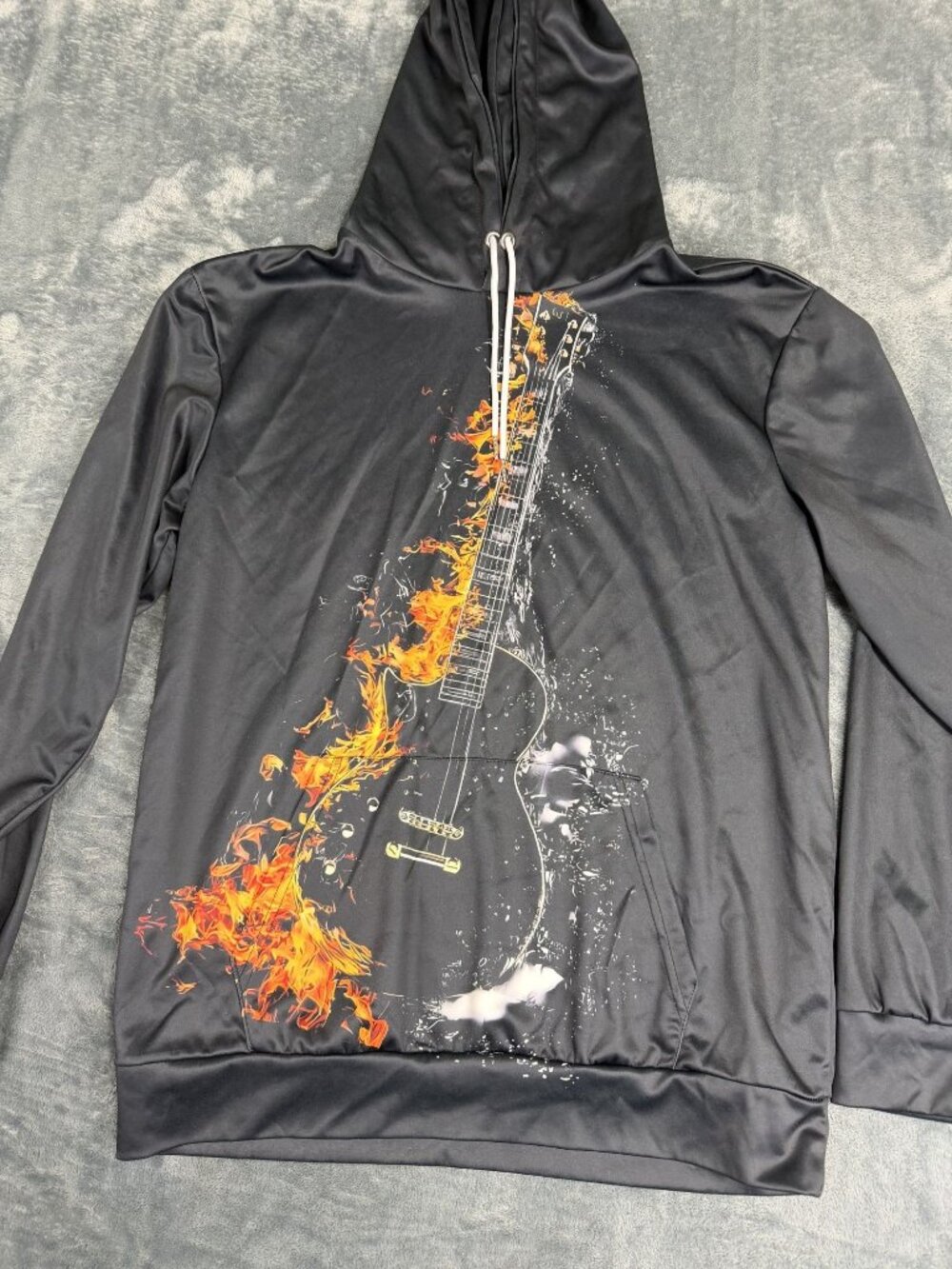 Flaming Guitar Graphic Black Hoodie Sweatshirt Medium